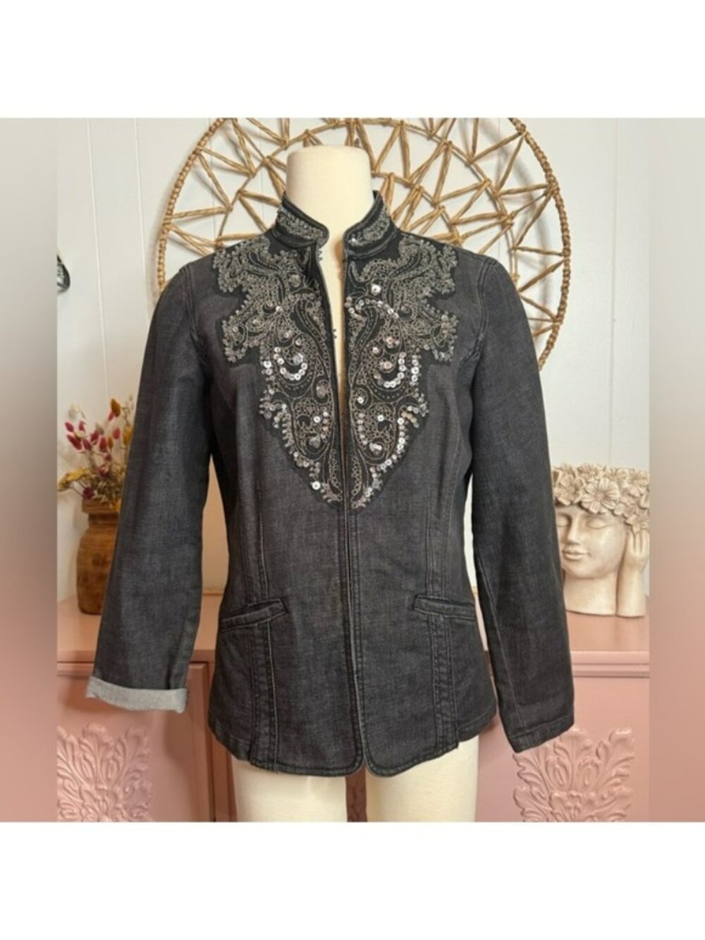 Chico's Black Embellished‎ Jean jacket- Blazer Size 1 (M)